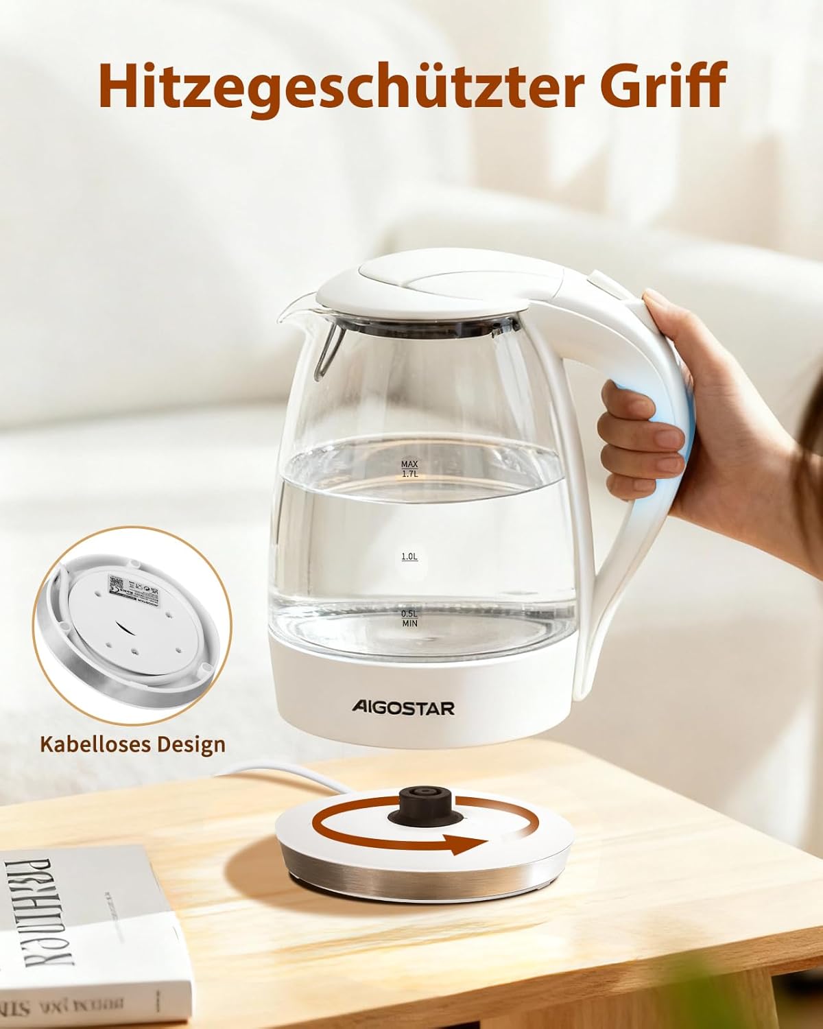 Šviečiantis stiklinis elektrinis virdulys "AigoStar" Eve, 2200w (MAX), 1,7l, baltas - Image 4