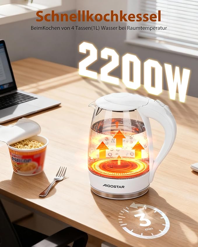 Šviečiantis stiklinis elektrinis virdulys "AigoStar" Eve, 2200w (MAX), 1,7l, baltas - Image 2