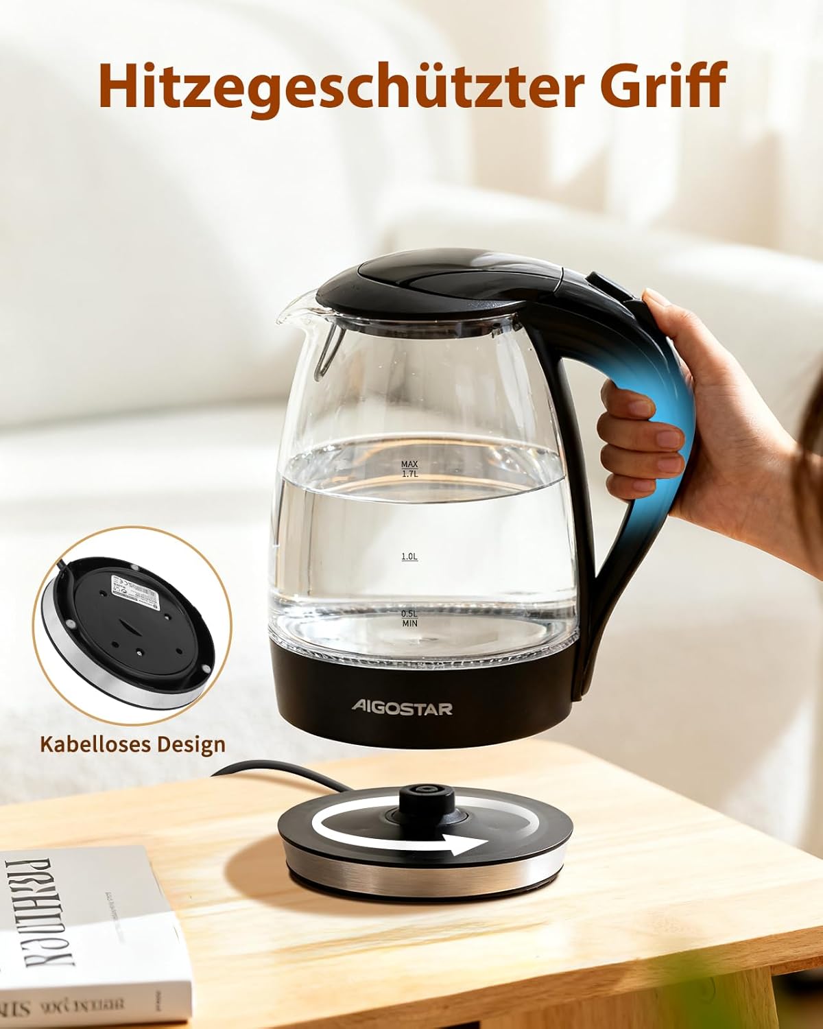 Stiklinis elektrinis virdulys "AirgoStar" Adam, 2200w, 1,7l, juodas - Image 4
