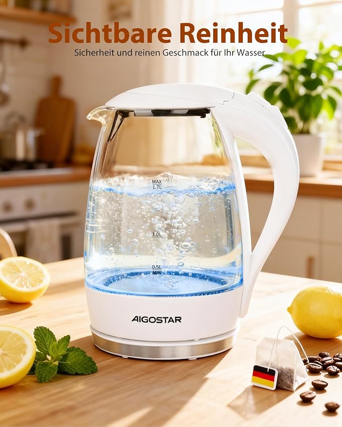 Šviečiantis stiklinis elektrinis virdulys "AigoStar" Eve, 2200w (MAX), 1,7l, baltas