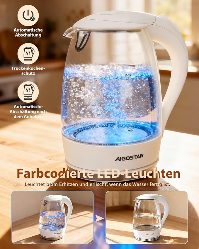 Šviečiantis stiklinis elektrinis virdulys "AigoStar" Eve, 2200w (MAX), 1,7l, baltas - Image 3